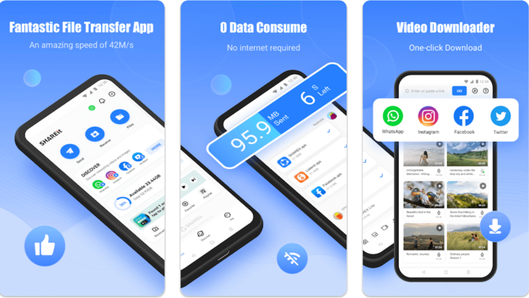 你从未听说过的五家全球成功的中国公司 22 显示 ShareIT 应用程序的三个手机屏幕的拼贴画。